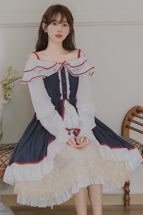 Cerulean and Ivory Strapless Ruffled Chiffon High Waist Sweet Lolita Gown with Long Sleeves