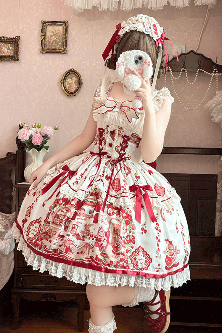 Strawberry Bear Print Sleeveless Lolita JSK with Lace