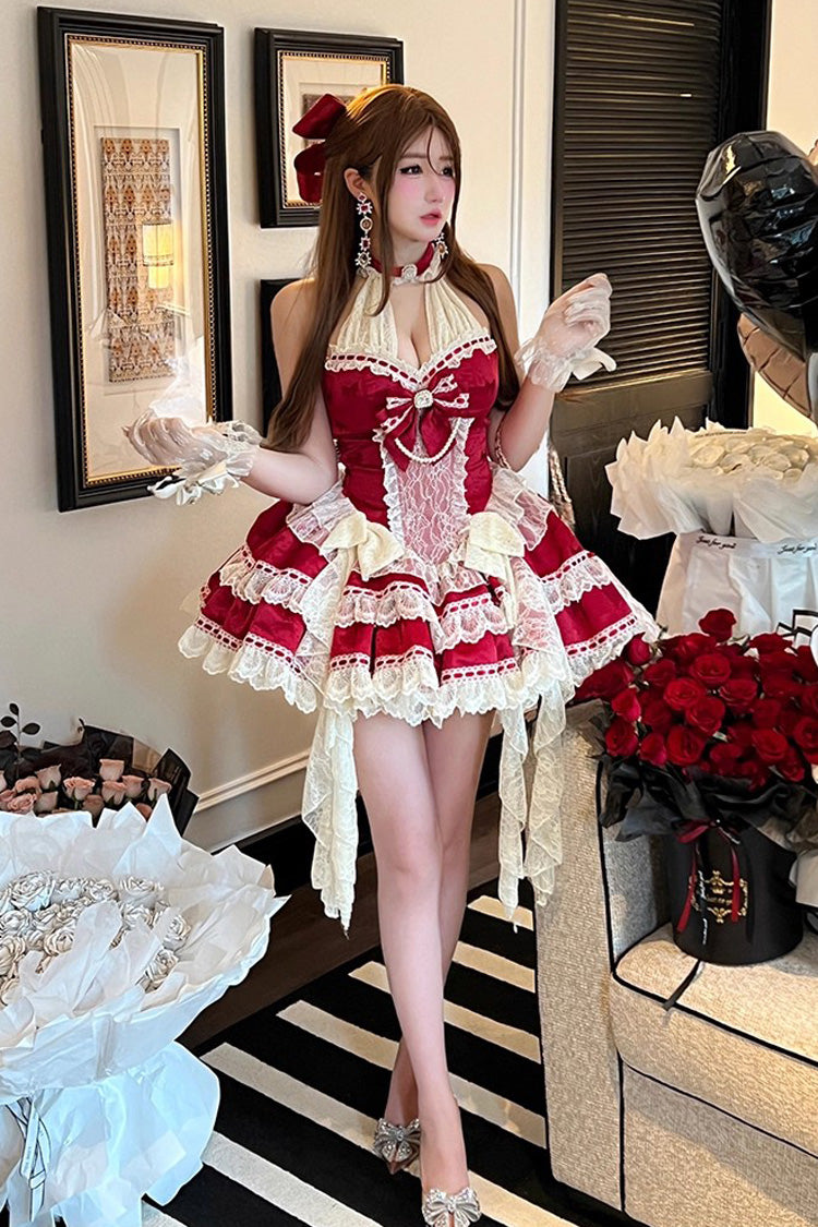 Red Halterneck Sleeveless Double-Layered Ruffle Bow Lace Dress