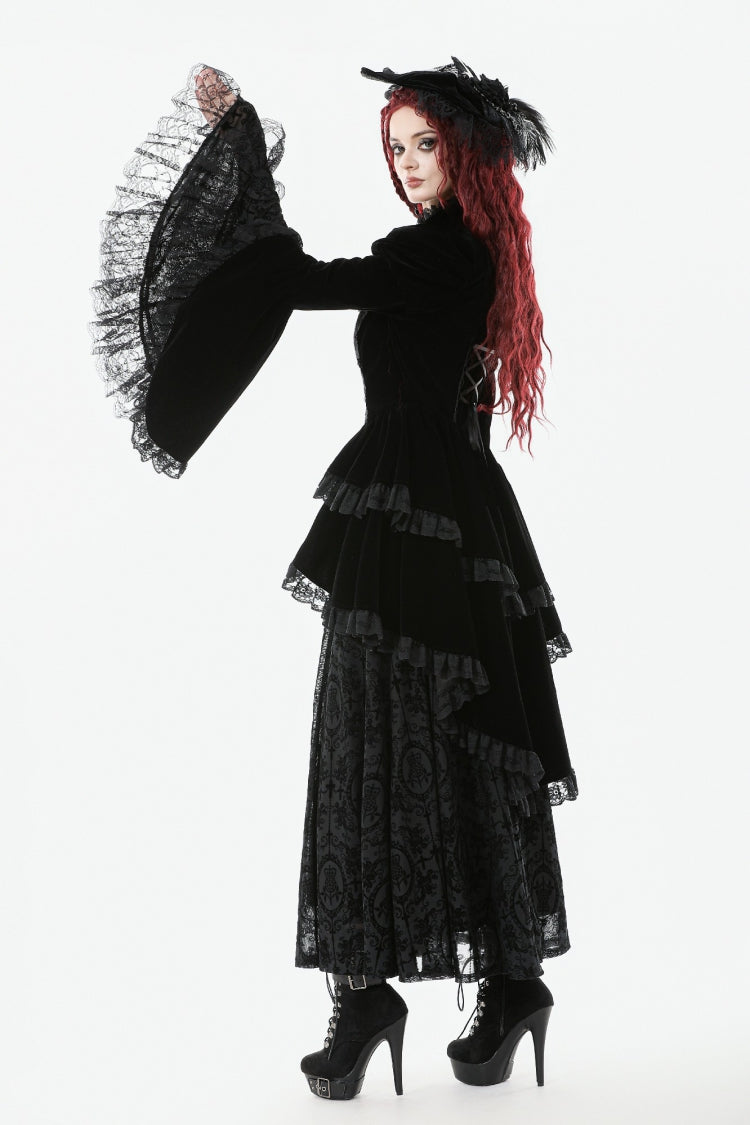 Jet-Black Gothic Coatlet with Layered Ruffles and High-Low Hem for Women