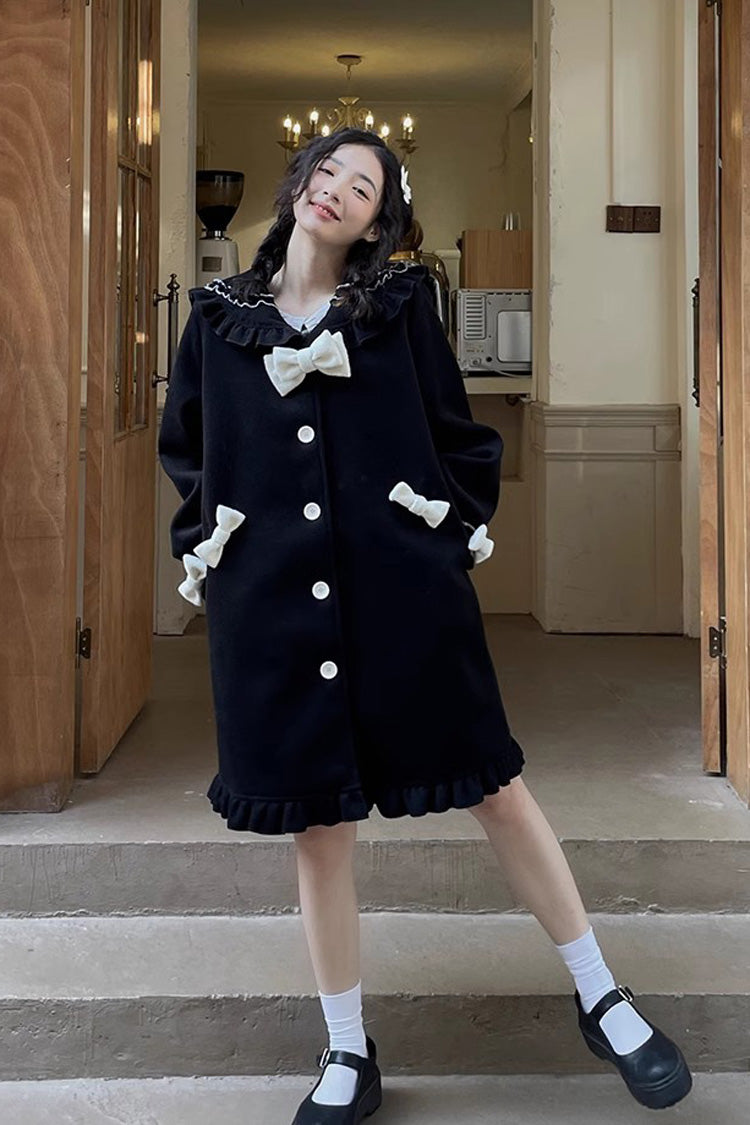 Doll-Collar Long-Sleeve Bow Princess Coat in Black