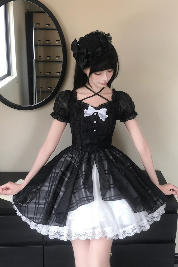 Black/White Square Collar Short Puff Sleeves Plaid Printed Ruffled Bow Lace Sweet Princess Lolita Dress
