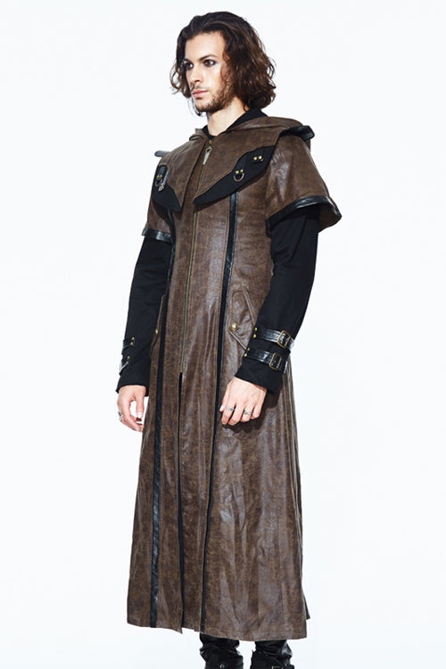 Steampunk Hooded Leather Coat with Dual Sleeves, Brown