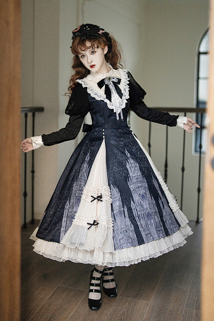 Black & White Church Bells Printed Ruffled Cardigan Bow Elegant Gothic Lolita Dress