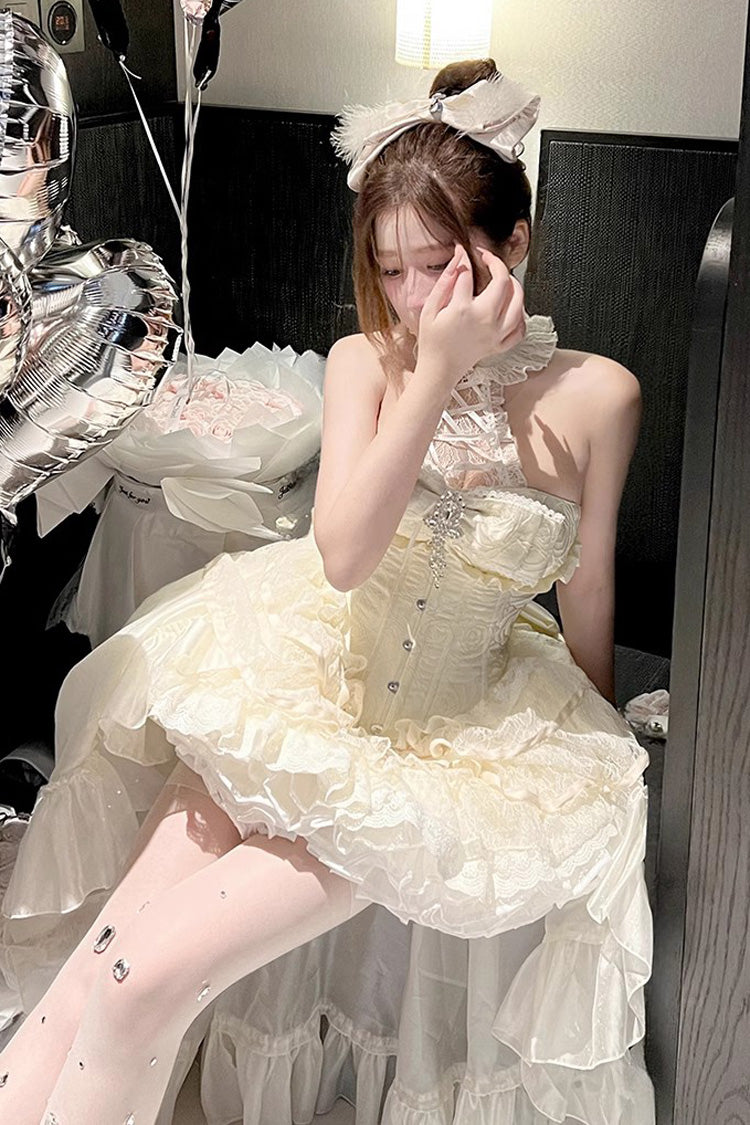Ivory Halter Ruffled Bow Lace Princess Lolita Gown
