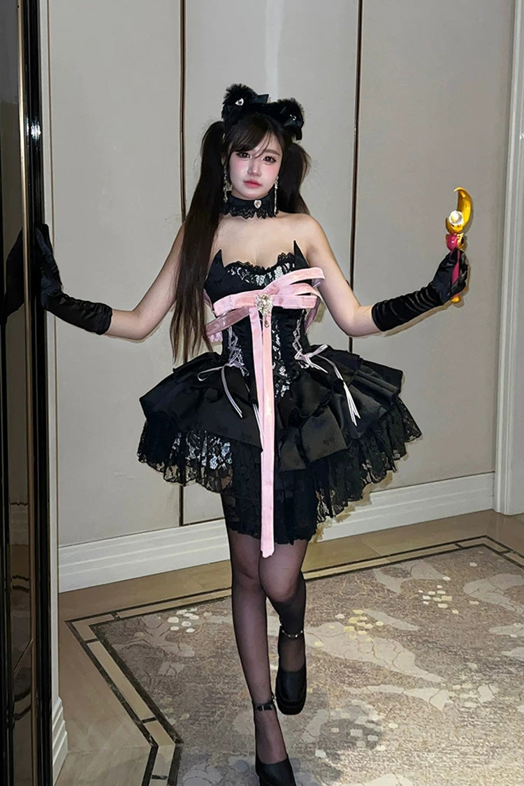 Princess Ballet Gothic Lolita JSK Dress with Ruffled Bow and Lace-Up - Black