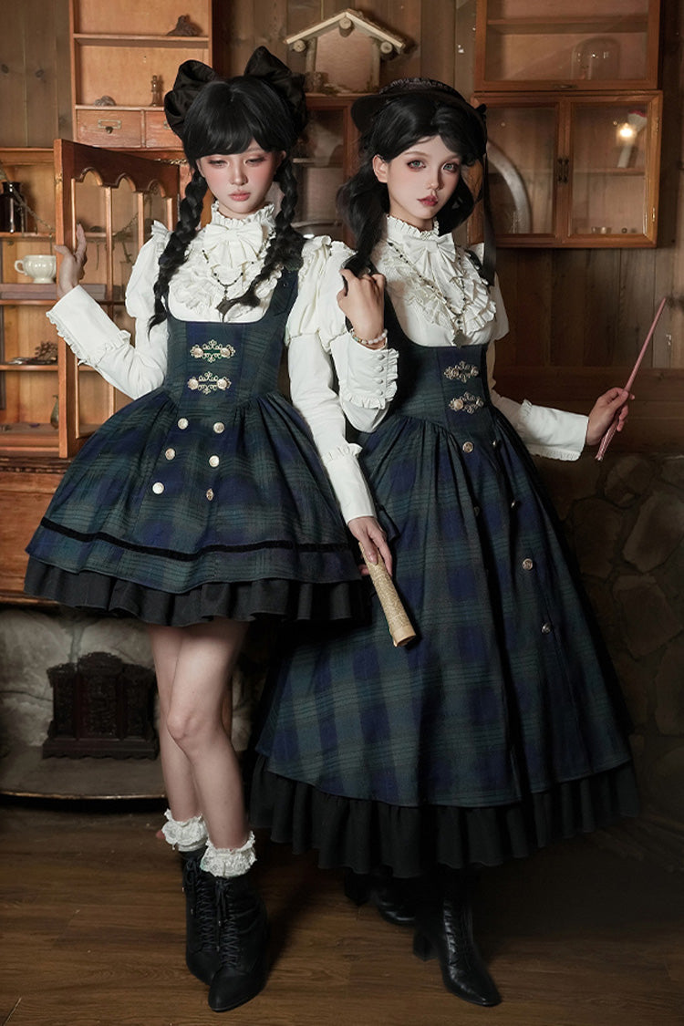 Blue Green Berlin Letter Double-Layered Plaid Print Ruffle Bowknot Classic College Style Lolita Strap Dress Set