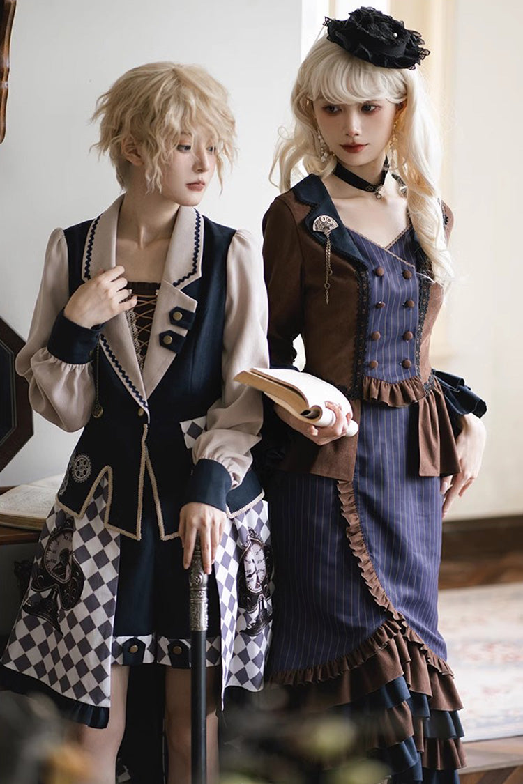 Blue Brown Time Traveler Long Sleeved Layered Printed Punk Mermaid Skirt Set