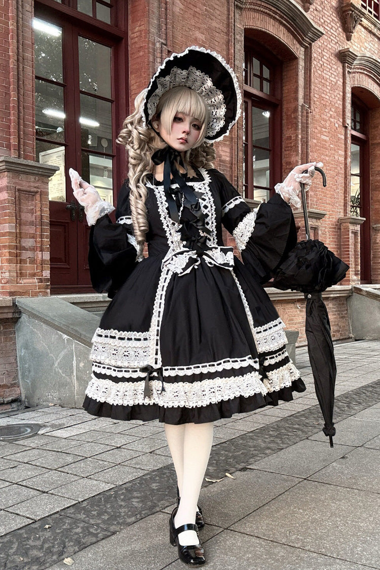 Black Trumpet Sleeve Gothic Dress with Lace and Bow