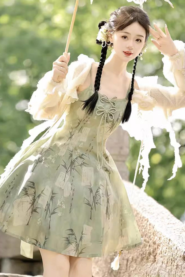 Green Bamboo Printed Lace-Up Sweet Chinese Lolita Jumper Dress