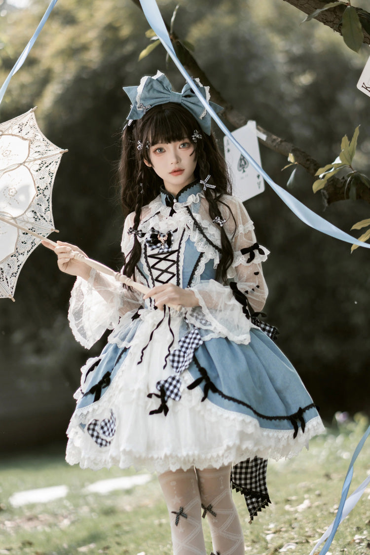 Cobalt Chinese-Style Elegant Princess Lolita Skirt with Bow and Lace