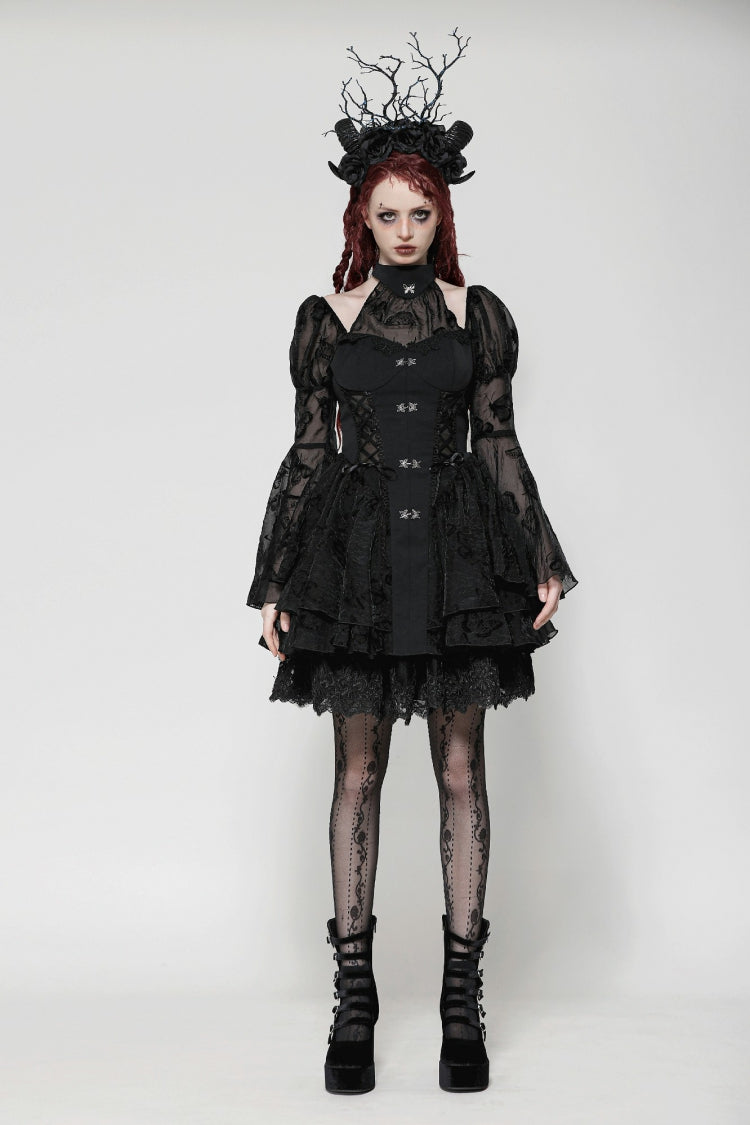 Majestic Black Multi-Layered Lace Trumpet Puff Sleeve Halter Gothic Lolita Graduation Gown