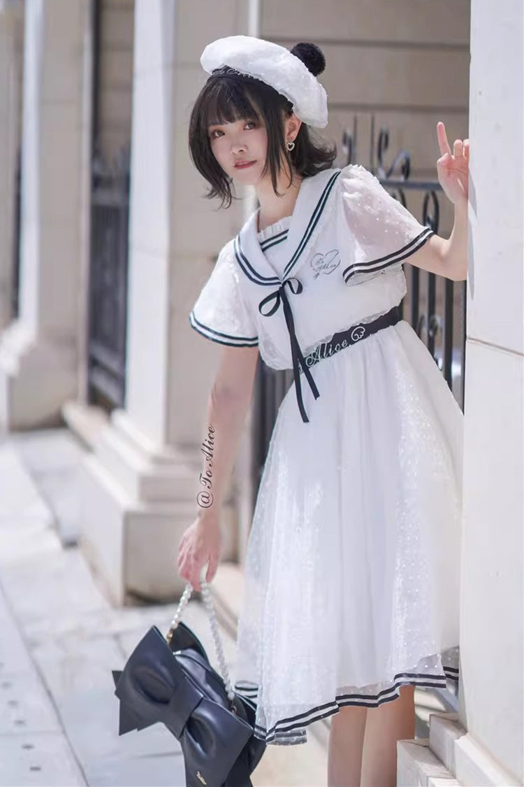 Ivory Navy Collar Ruffled Sailor Dress with Lace-Up - Seaside Sweetheart