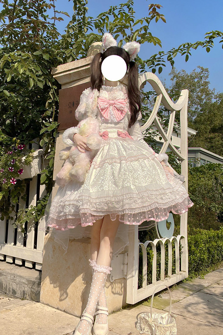 White & Pink Magic Meow Ruffled Bow Sweet Princess Lolita JSK Dress