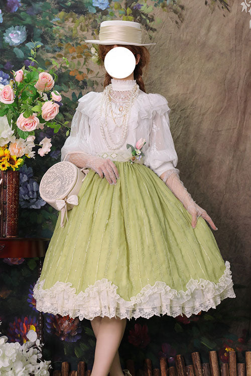 Green Tulip Multi-Layer Ruffled Classic Lolita Skirt Dress - Altfashion Shop