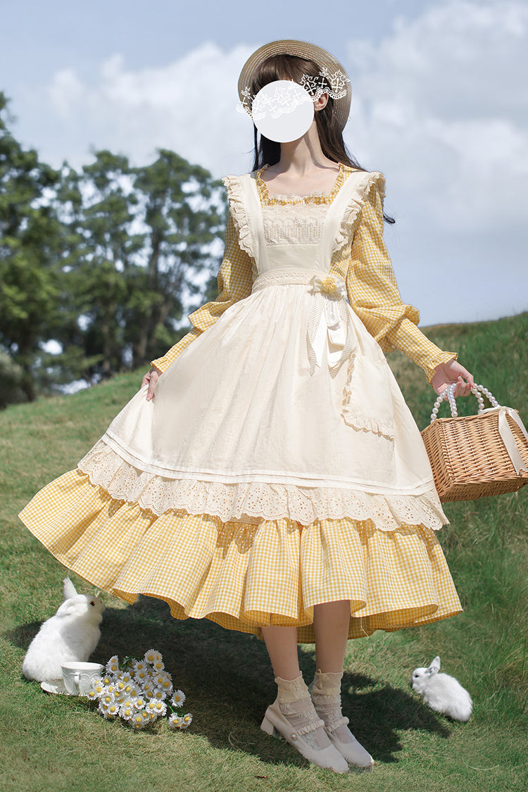 Yellow Long Sleeve Print Dress with Lace-Up and Ruffles