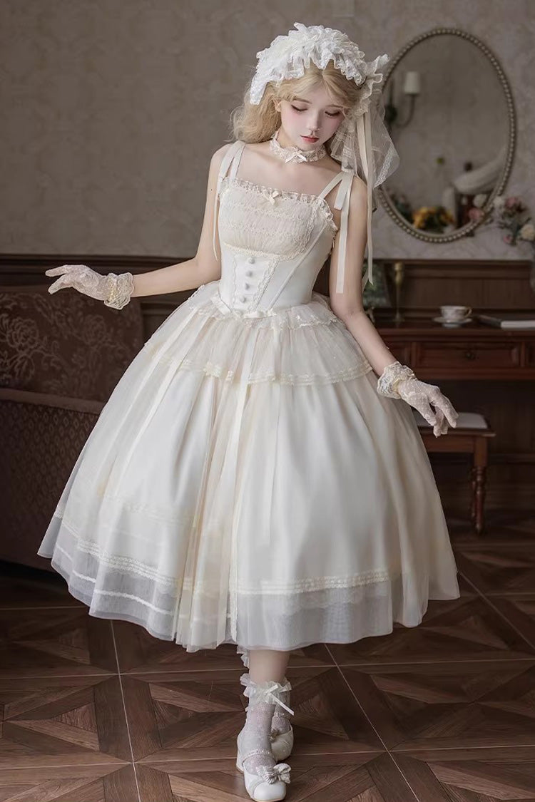 Cream Letters Poems Confession Square Collar Sleeveless Frilled Bow Lace Fishbone Sweet Lolita JSK Dress Two Variants