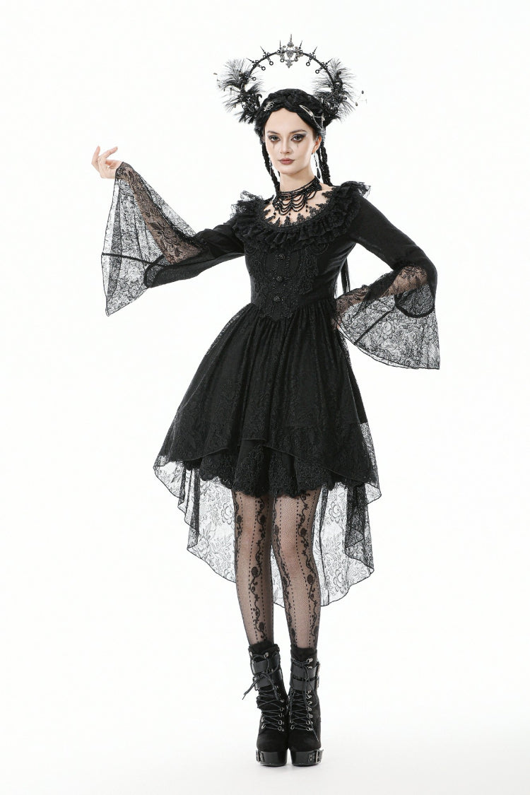 Gothic Black Lace Boat-Neck Trumpet-Sleeve High-Low Hem Elegant Long Gown
