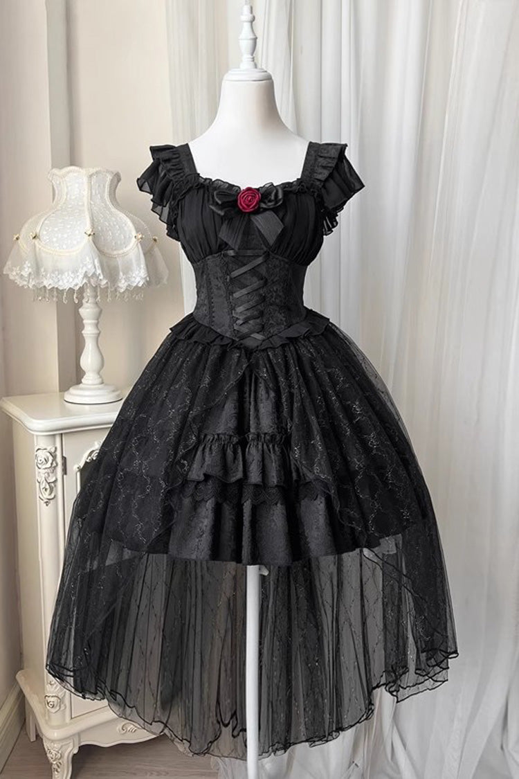 Black Short Sleeved Ruffled Rose Gothic Tiered Dress with Bow