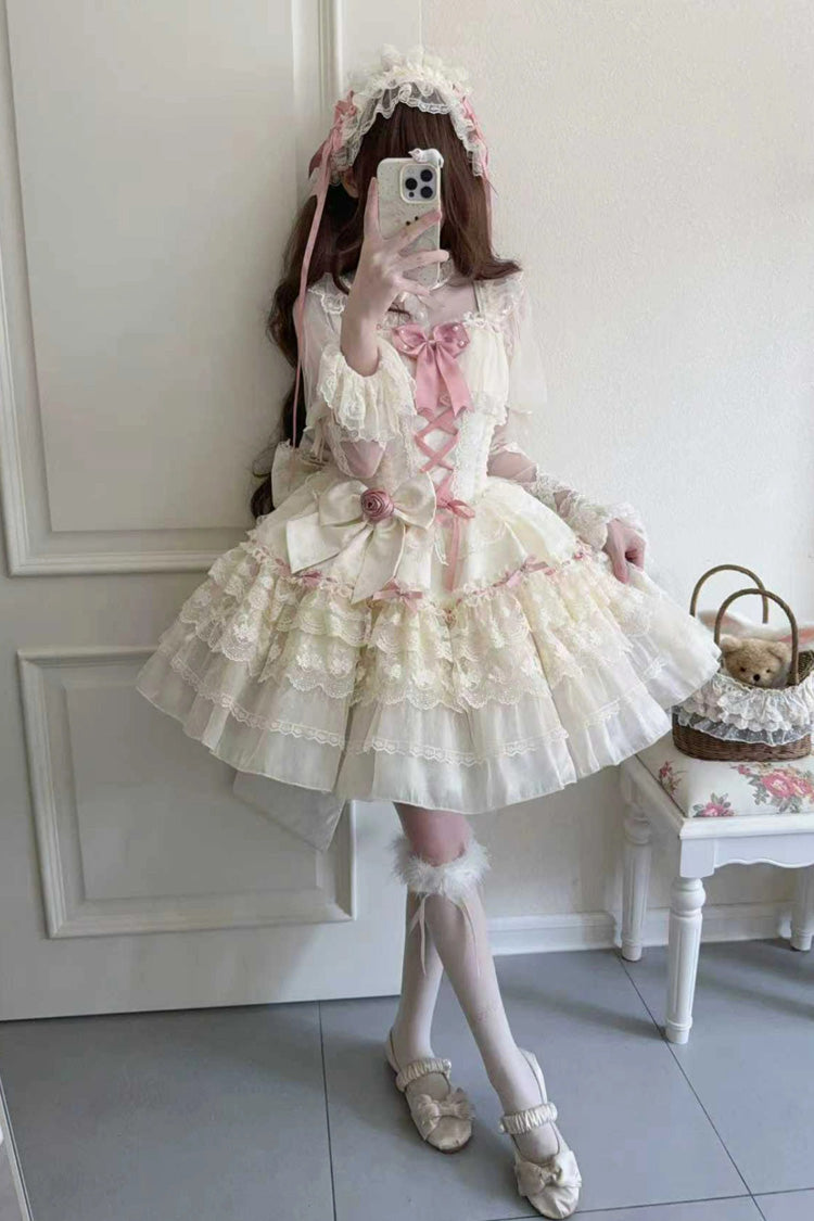 Apricot Sweet Lolita JSK Dress with Multi-Layer Bowknot Lace-Up and Pearl Ballet Details