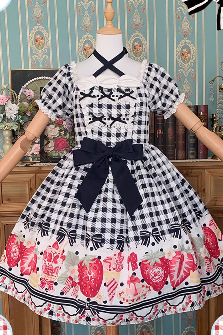 Strawberry Plaid Print Bowknot Sweet Plus Size Princess Black Short Sleeves Dress
