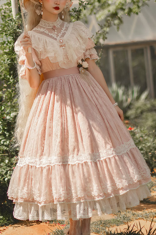 Rose Print Lolita OP Dress with Multi-Layer Ruffles, Sweet Style