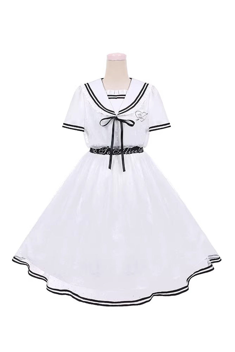 Ivory Navy Collar Ruffled Sailor Dress with Lace-Up - Seaside Sweetheart