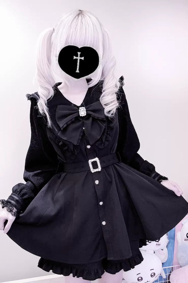 Confession Fantasy Lapel Collar Printed Ruffled Bow Japanese Dress Shorts