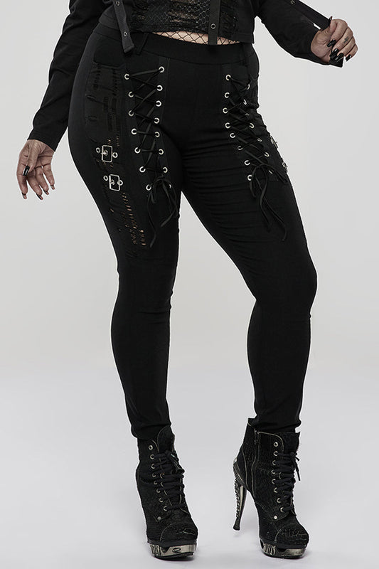 Edgy Plus-Size Punk Pants with Hollow Knit Design & Cross-Tied Rope Accents