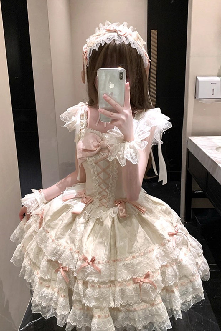 Apricot Sweet Elegant Lolita JSK Dress with Sleeveless Ruffles Bowknot Lace and Lace-Up