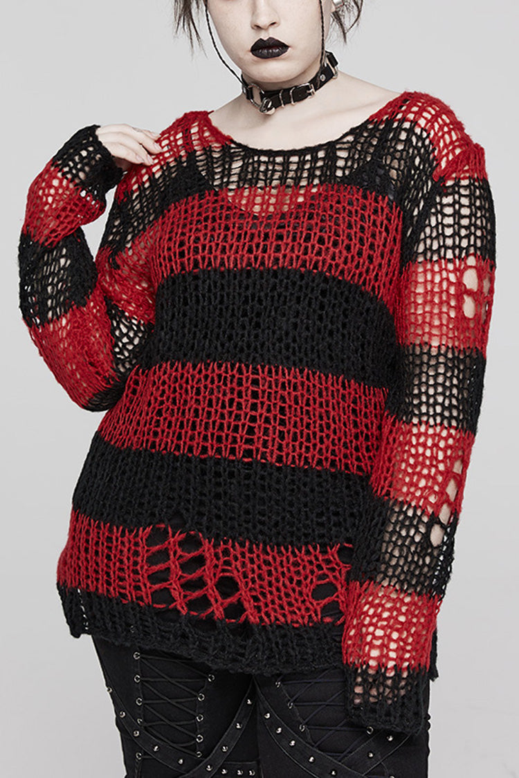 Gothic Striped Sweater - Ripped, Irregular Hem, 4 Shades