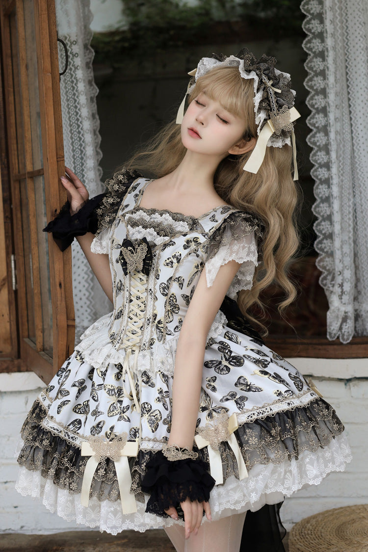 Cream Sleeveless Print Ruffle Bowknot Lace-Up Sweet Princess JSK Dress Set