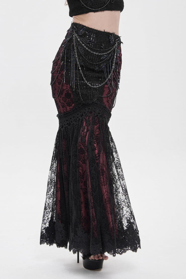 Noir & Red Embroidered Pearl-Adorned Slim Gothic Skirt
