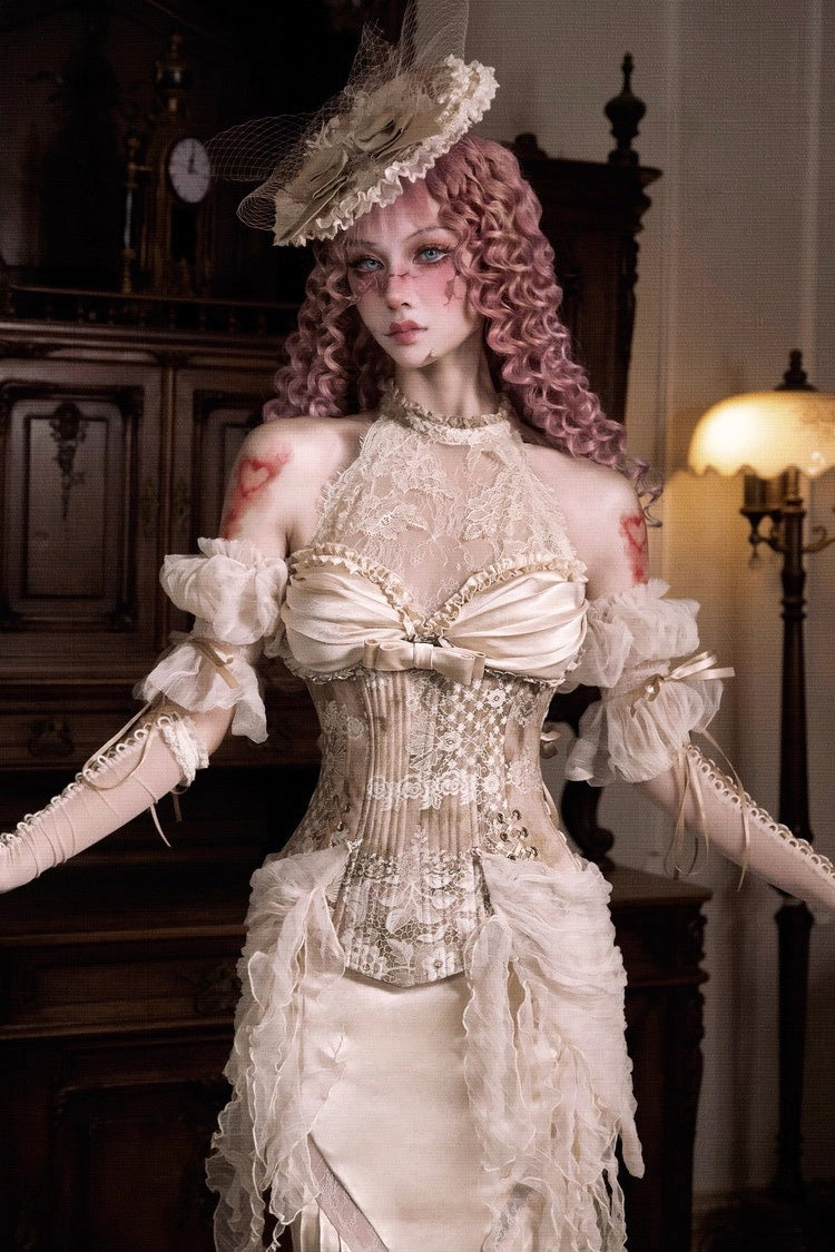 Golden Cupid’s Poetry Box Halterneck Ruffled Embroidered Bow Lace Slim Fishbone Gothic Lolita Top and Skirt Dress Set