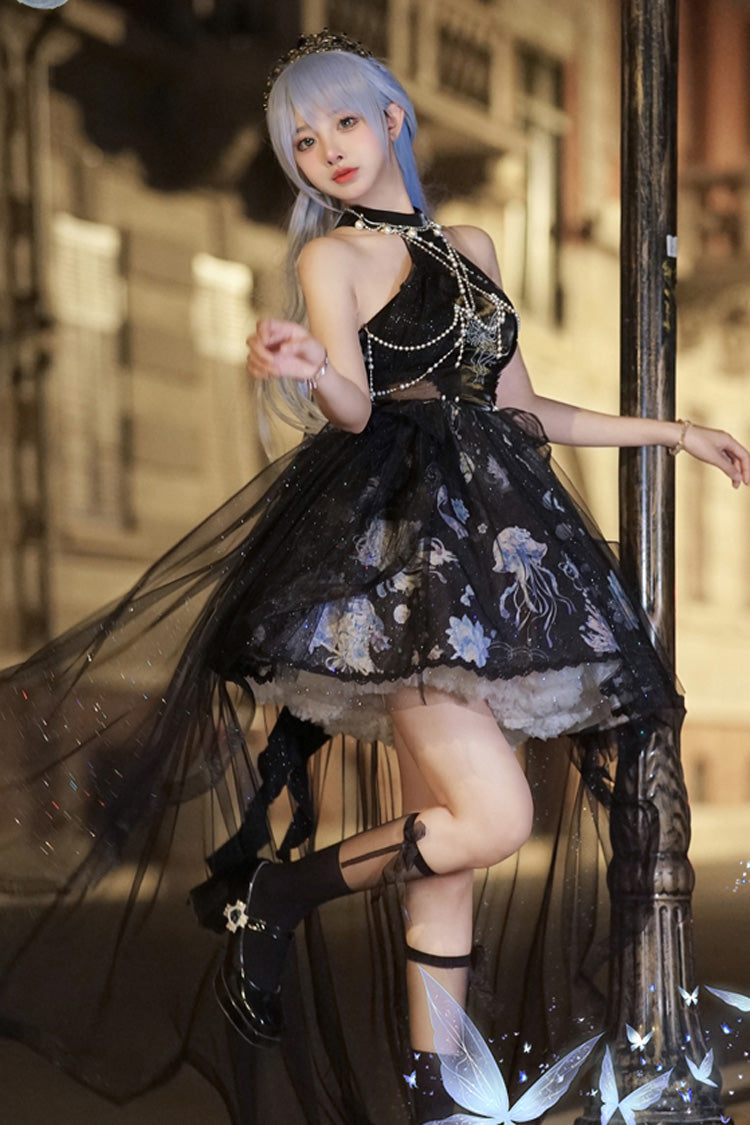 Blue Halterneck Sleeveless Embroidery Bowknot Lace Elegant JSK Dress