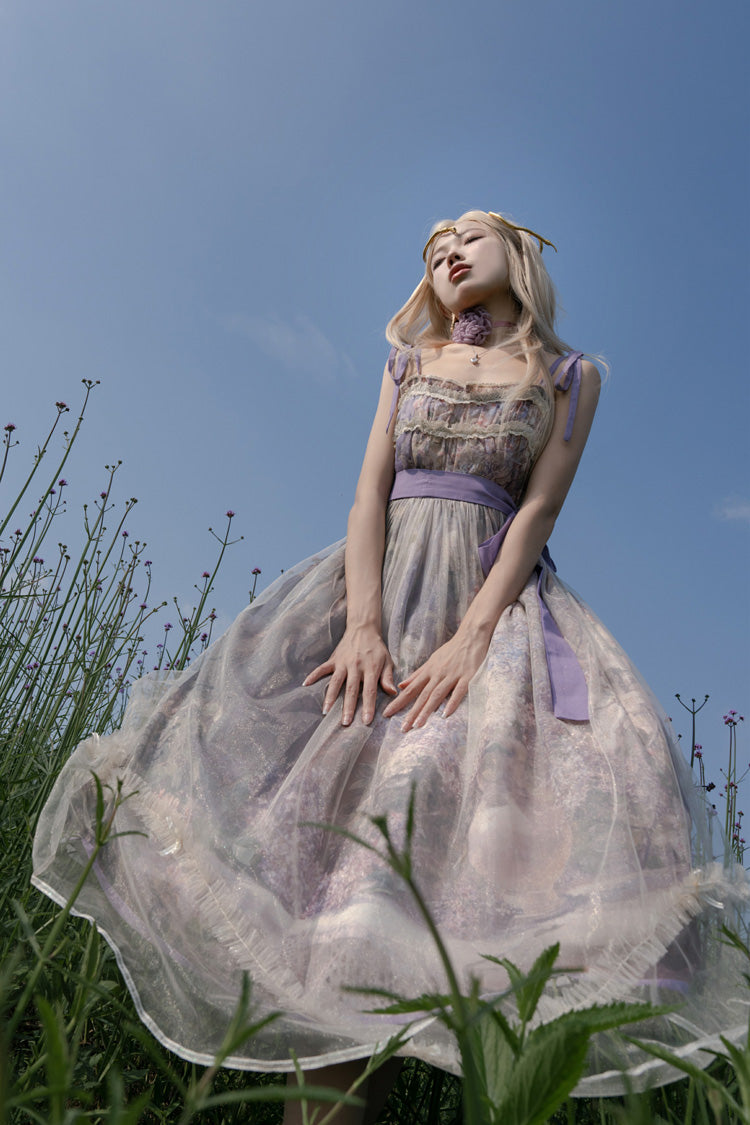 Violet Shaded Blossoms Oil Painting Sleeveless Printed Ruffled Bow Lace JSK