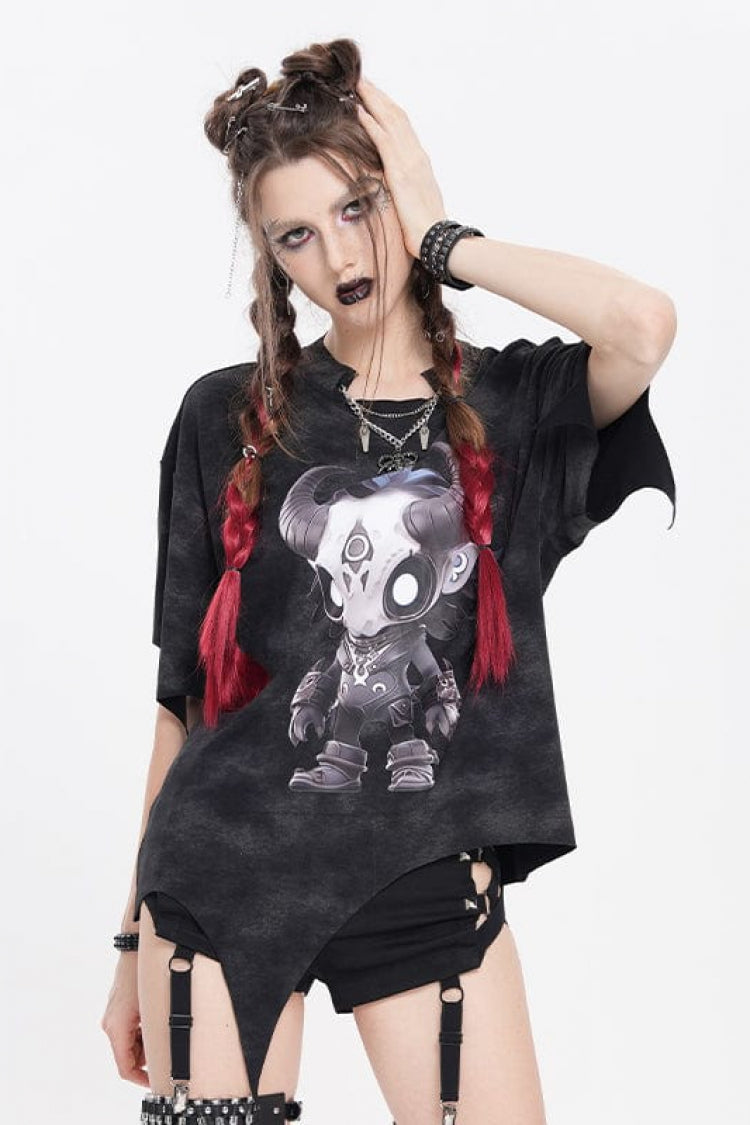 Irregular Print Punk Tee with Artistic Graphics for Women