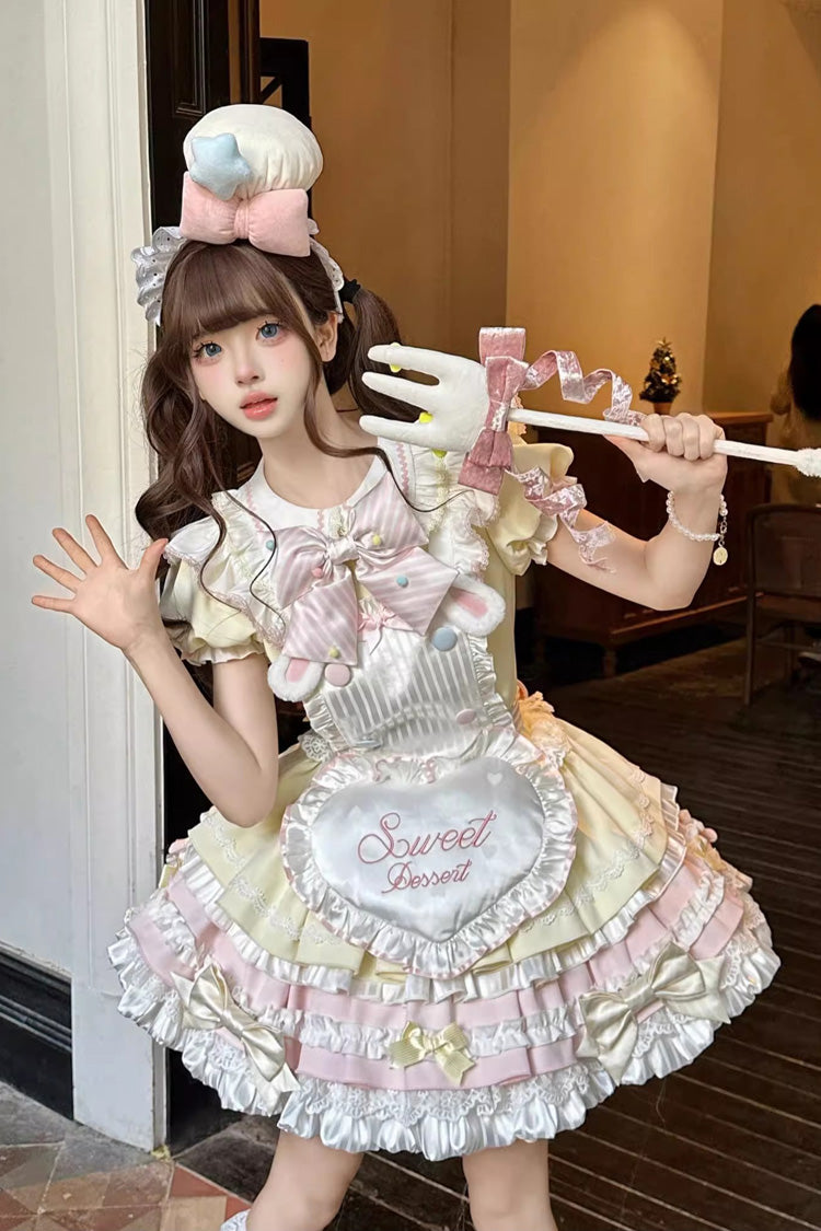Yellow Pink Short Sleeve Multi-Layered Ruffle Bowknot Sweet Dress