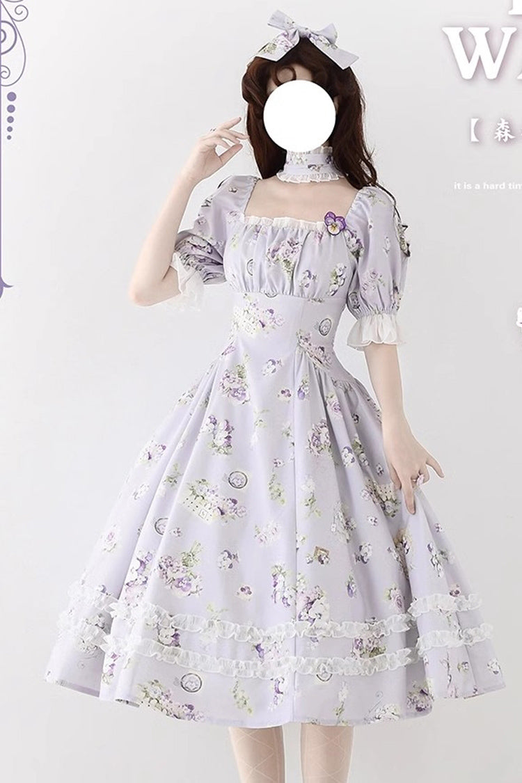 Forest Basket Printed Ruffled Lace Sweet Elegant Dress