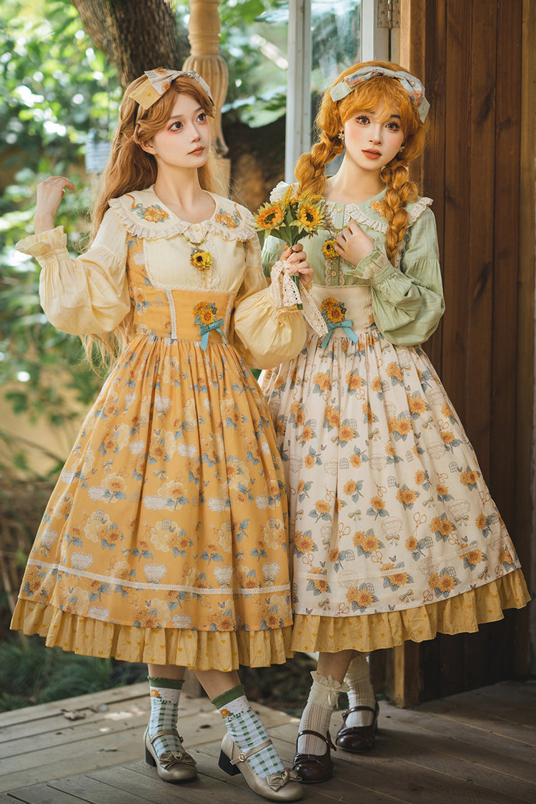 Apricot Sweet Elegant Uplift Lolita JSK Dress with Sleeveless Print Ruffles and Bowknot