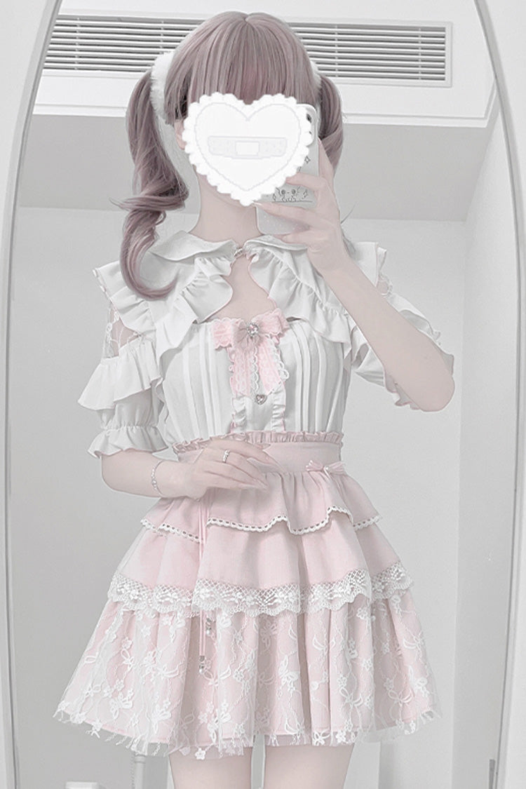 Pale Pink & White Short-Sleeve Triple Ruffled Bow Lace Jirai Kei Skirt Ensemble