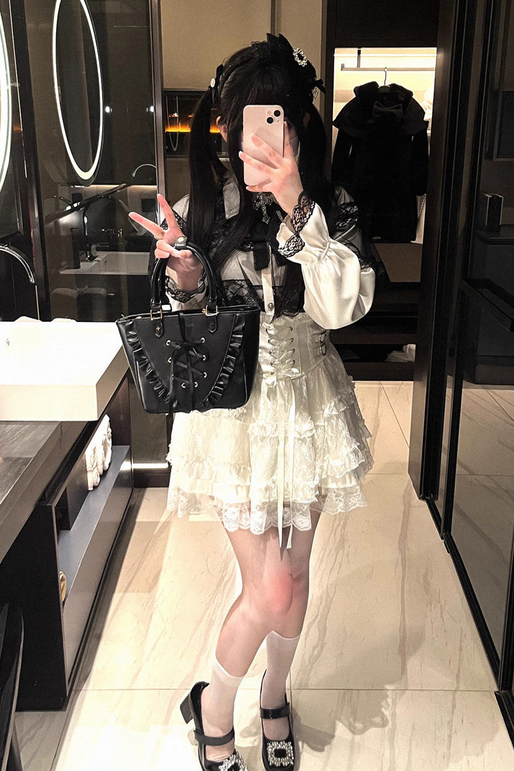 Jirai Kei Blouse with Hollow Lace and Long Sleeves - Mist Veil, 3 Tones