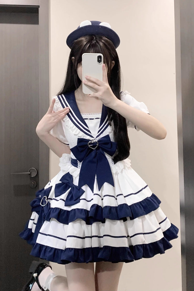 Dark Blue Double Layer Ruffled Sweet Lolita Dress - Short Sleeved Lace