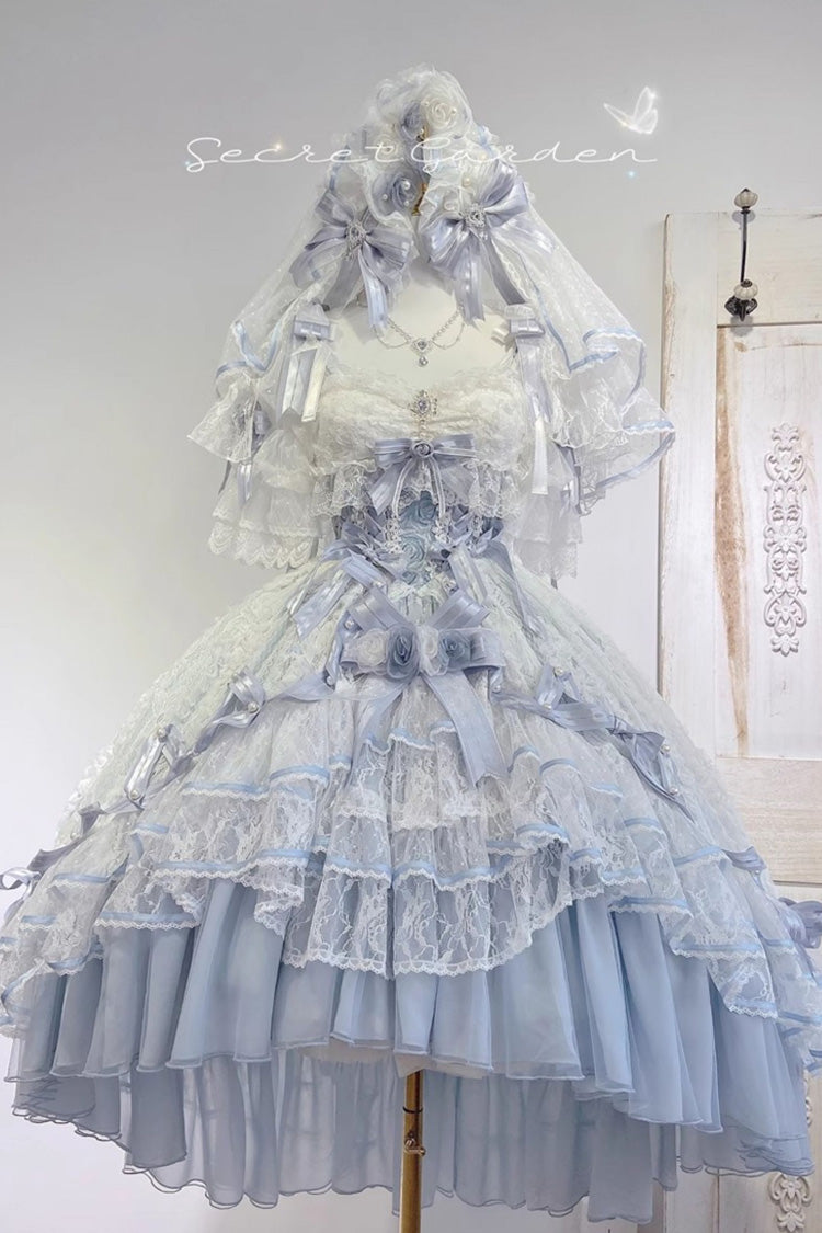 Blue Diane Rose Short Sleeve Jacquard Ruffle Cardigan Bow Lace Sweet Lolita Dress