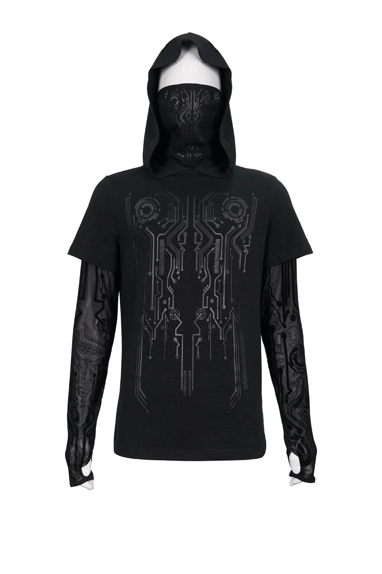 Mesh Paneled Hooded T-Shirt with Circuit Print for Men