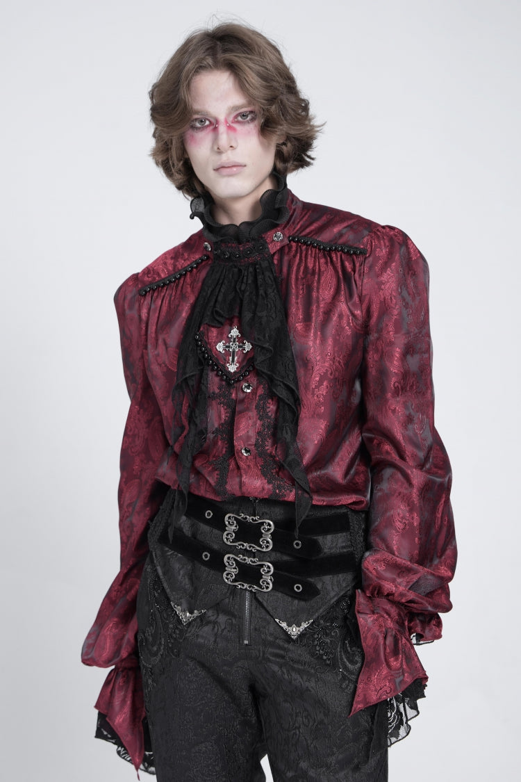Crimson Puff Sleeve Men's Gothic Shirt with Lace Tie