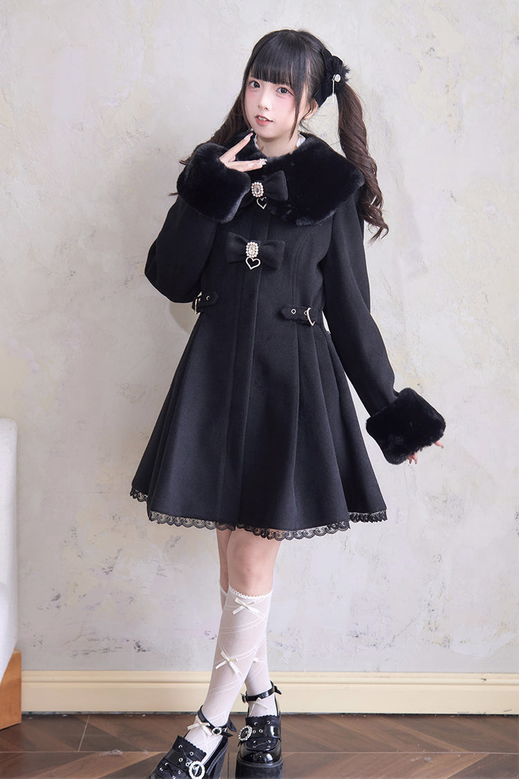 Plush Collar Waist-Cinched Long Sleeve Bow Lace Coat - Lolita Outerwear