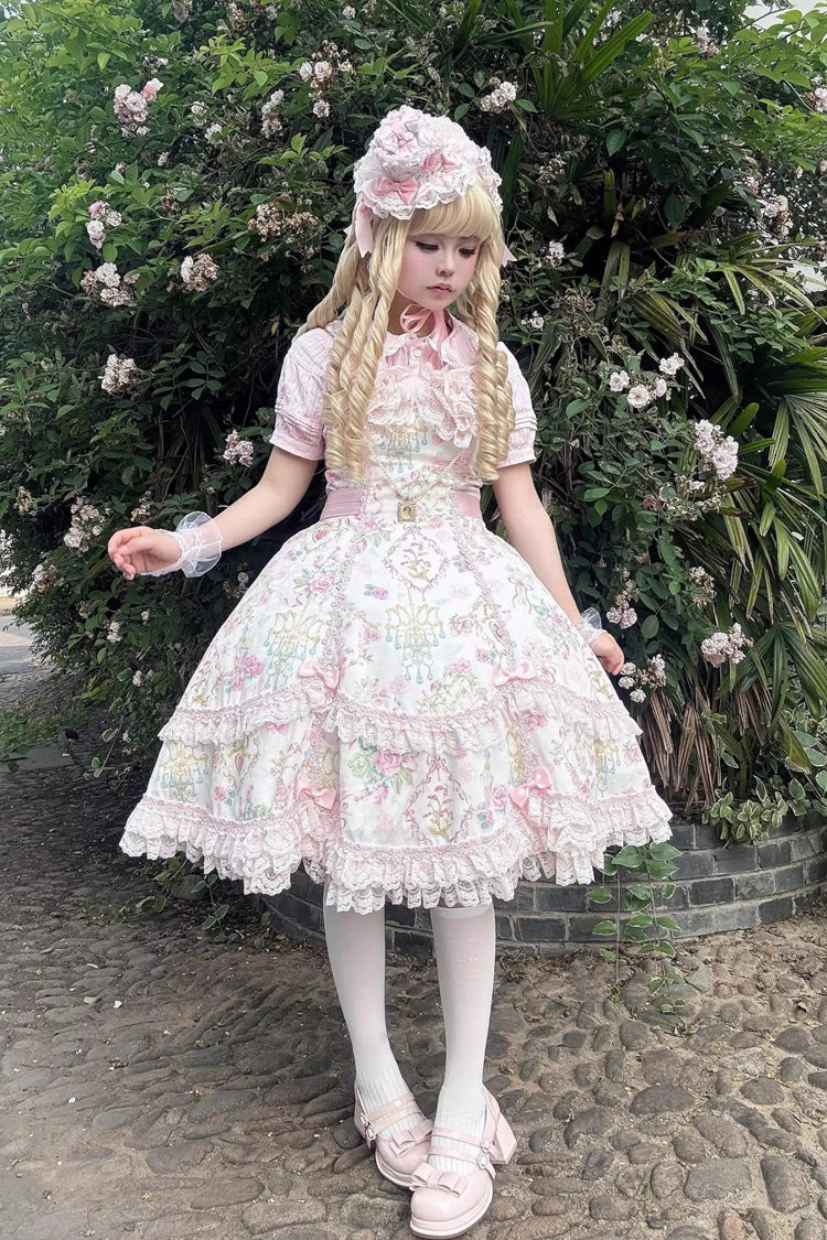 Ivory & Pink Sleeveless Floral Wall Print Lace Bow Sweet Lolita JSK Dress