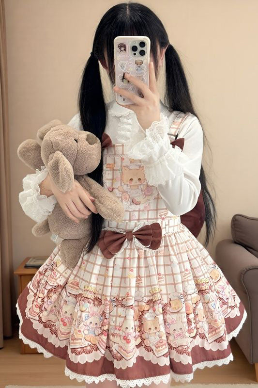 Sleeveless Lace Doll-Style Sweet Lolita Suspender Dress with Bowknot - Bear Cake