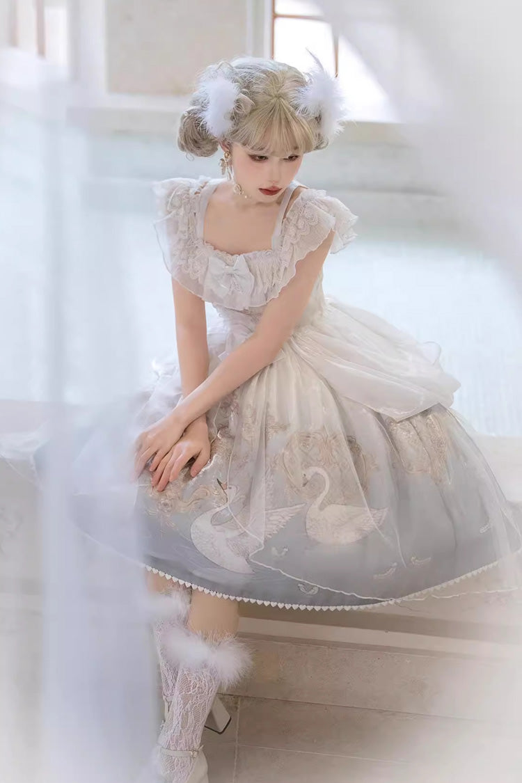 Swan Lake Print Ruffle Bowknot Elegant White Blue Lolita Jsk Dress - Flower and Letter